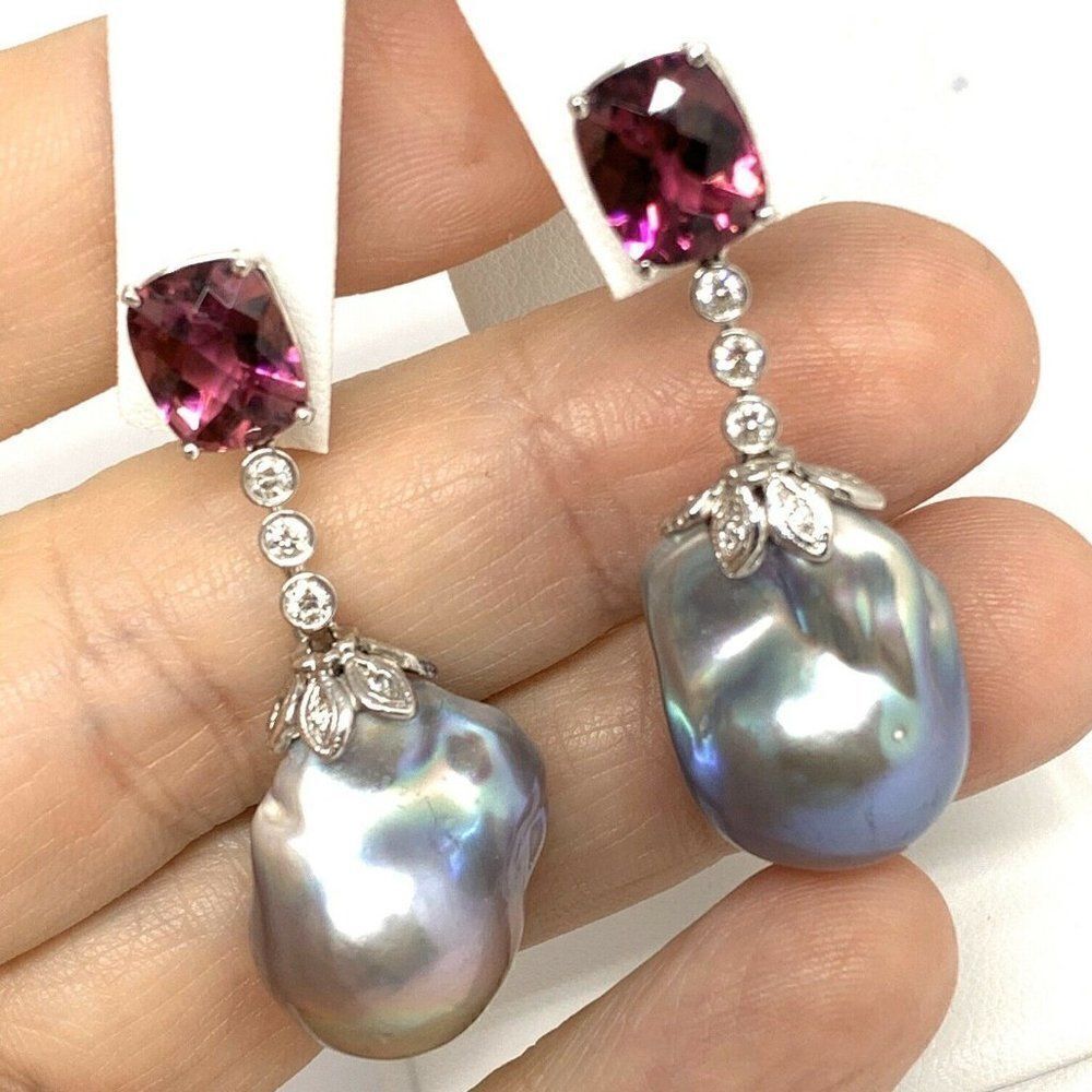 Diamond Rubellite Tourmaline Pearl Earrings 14k Gold Certified $4,950 920747